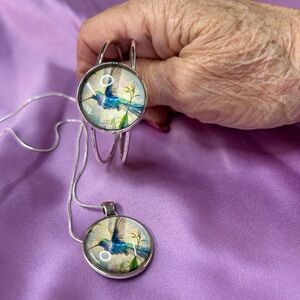 Hand-Painted Hummingbird Silver Bracelet & Pendant Set - Blue